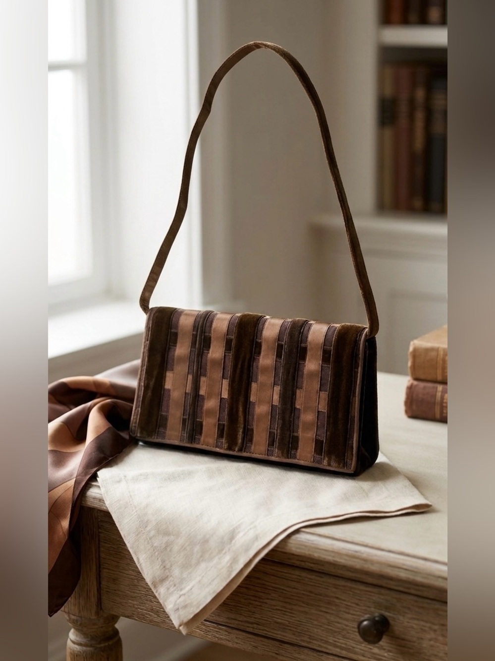 Neiman Marcus Vintage Velvet Striped Flap Shoulder Purse removable strap